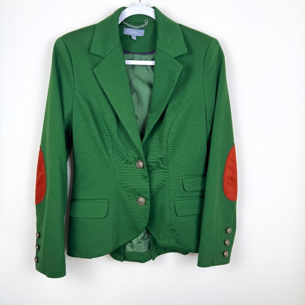 CASS Green Business Casual Equestrian Style Elbow Patch Blazer / Size Small